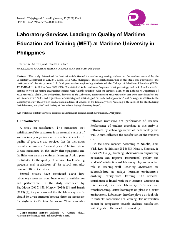 (PDF) LaboratoryServices Leading to Quality of Maritime Education and