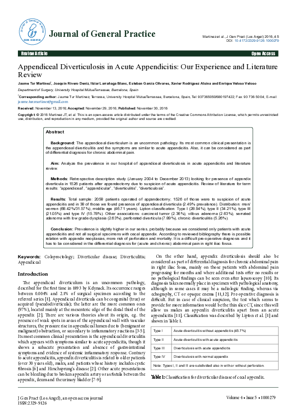 (PDF) Appendiceal Diverticulosis in Acute Appendicitis: Our Experience ...