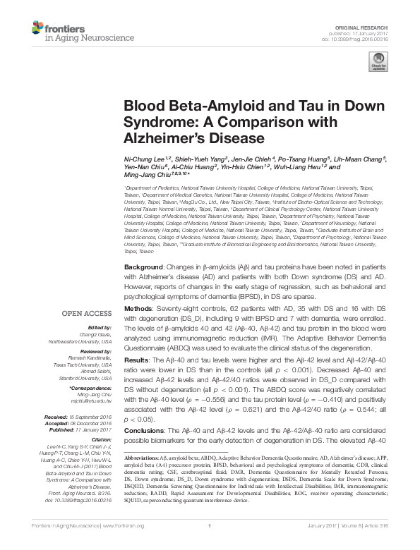 (PDF) Blood Beta-Amyloid and Tau in Down Syndrome: A Comparison with ...