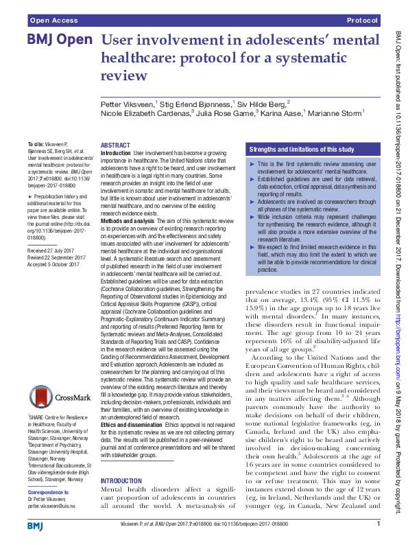 (PDF) User involvement in adolescents' mental healthcare: protocol for ...
