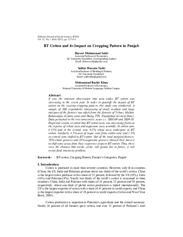 (PDF) BT Cotton and its Impact on Cropping Pattern in Punjab