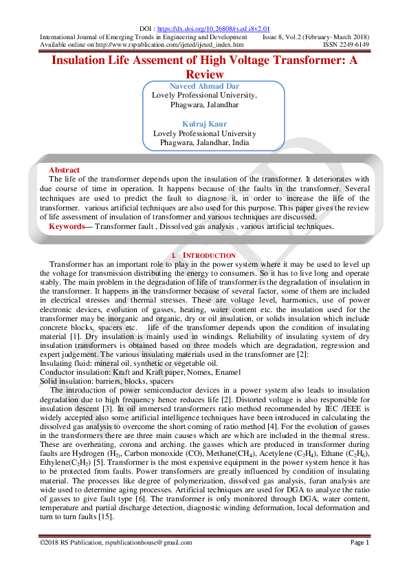 (PDF) Insulation Life Assement of High Voltage Transformer: A Review