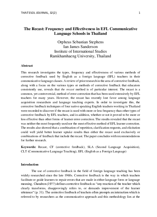 (PDF) The Recast: Frequency and Effectiveness in EFL Communicative ...