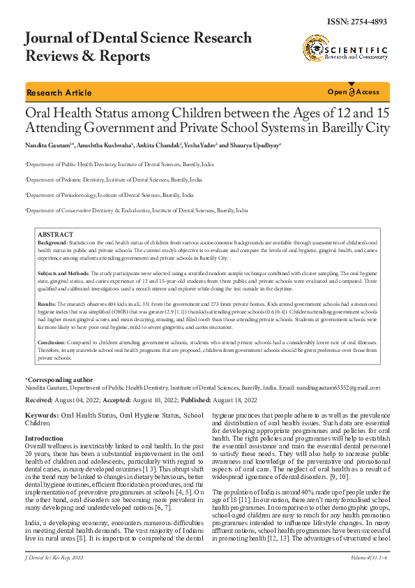 (PDF) Oral Health Status among Children between the Ages of 12 and 15 ...