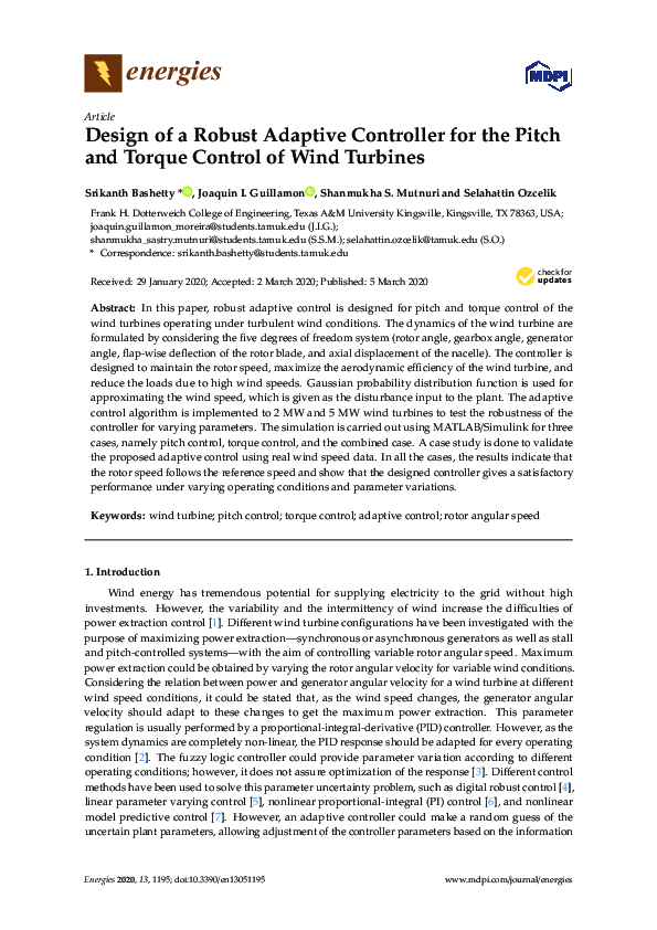 (PDF) Design of a Robust Adaptive Controller for the Pitch and Torque ...