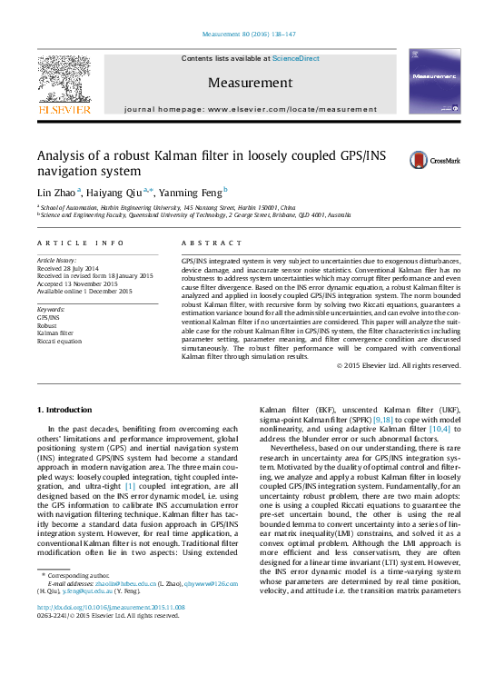 (PDF) Analysis of a robust Kalman filter in loosely coupled GPS/INS ...