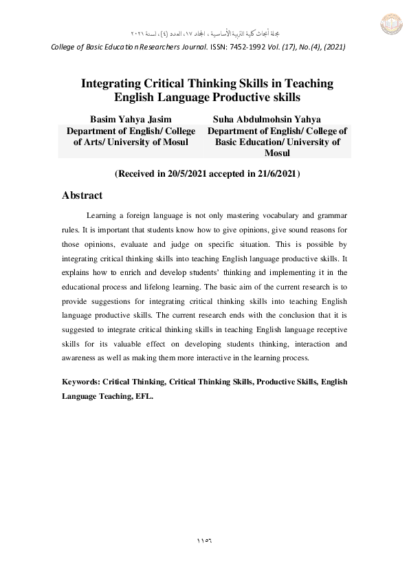 (PDF) Integrating Critical Thinking Skills in Teaching English Language ...