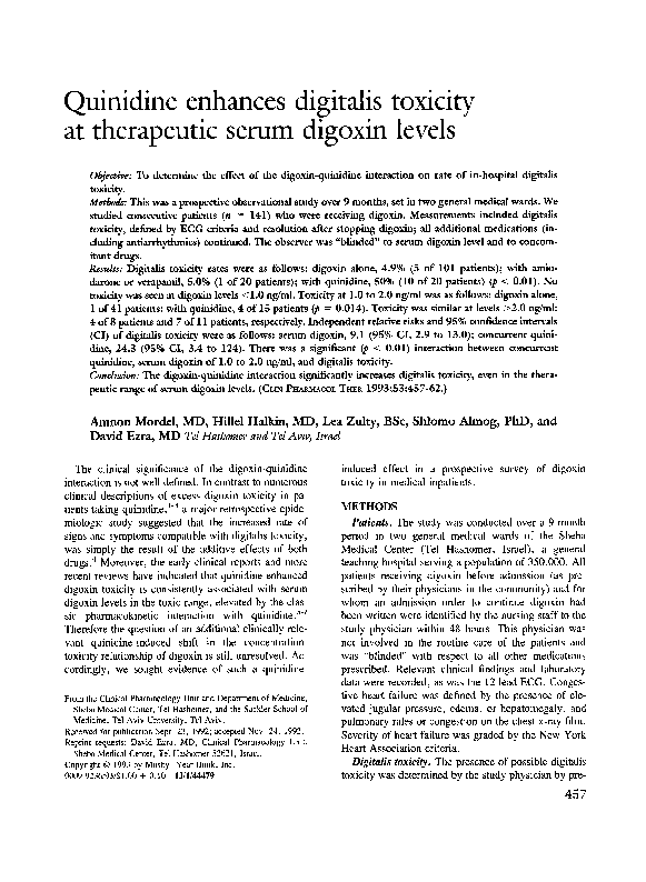(PDF) Quinidine enhances digitalis toxicity at therapeutic serum