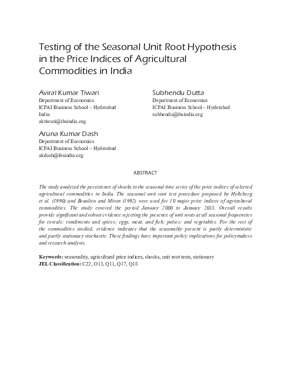 (PDF) Testing of the Seasonal Unit Root Hypothesis in the Price Indices of Agricultural