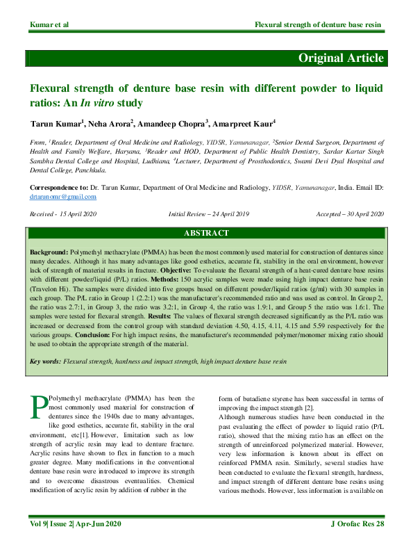 (PDF) Flexural strength of denture base resin with different powder to