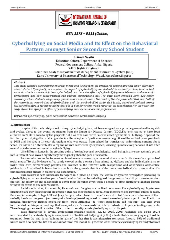 (PDF) Cyberbullying on Social Media and Its Effect on the Behavioral ...