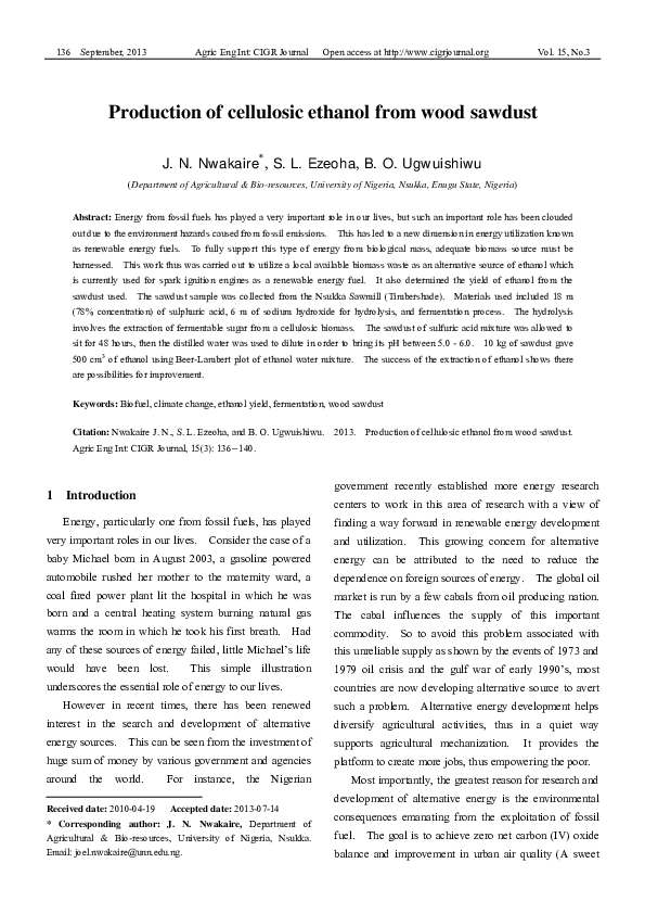 (PDF) Production of cellulosic ethanol from wood sawdust