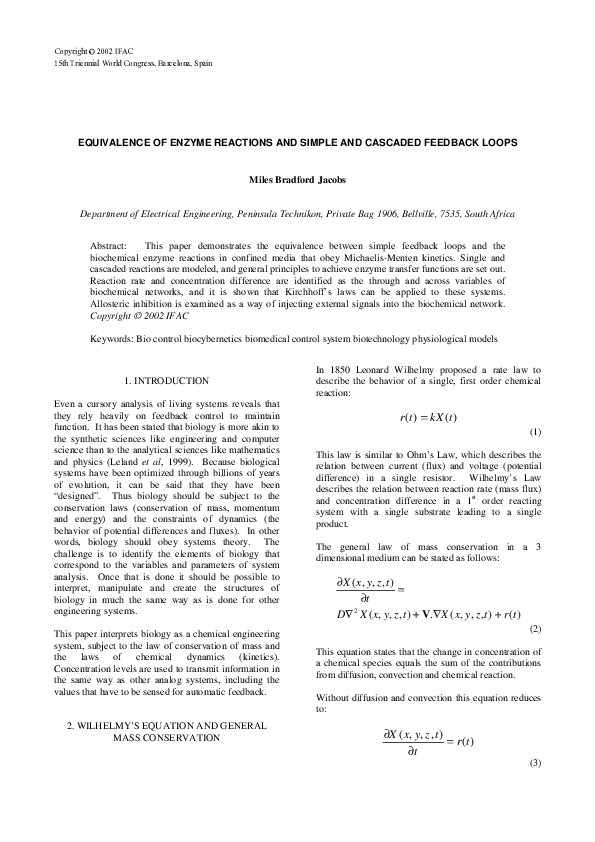 (PDF) Equivalence of Enzyme Reactions and Simple and Cascaded Feedback ...