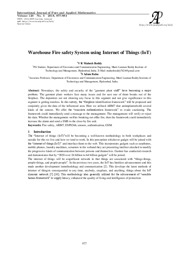 (PDF) Warehouse Fire safety System using Internet of Things (IoT)