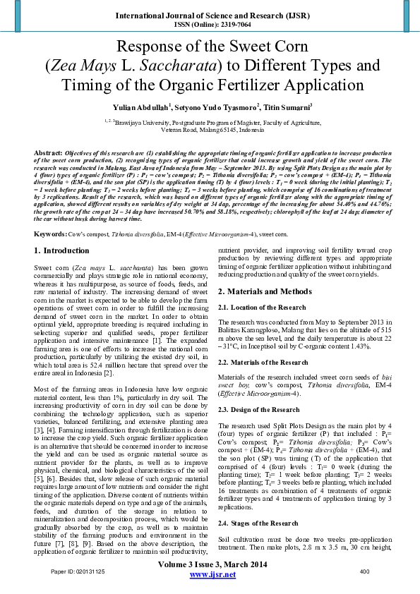 (PDF) Response of the Sweet Corn (Zea mays L. saccharata) to Different