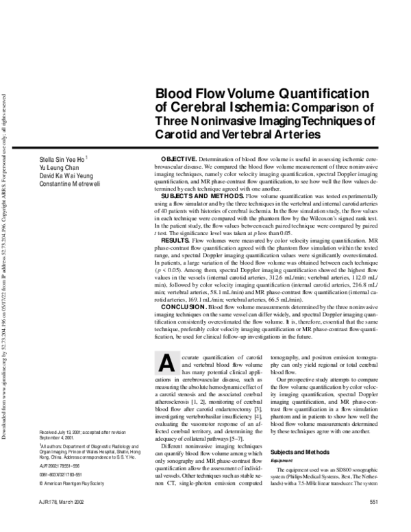 (PDF) Blood Flow Volume Quantification of Cerebral Ischemia
