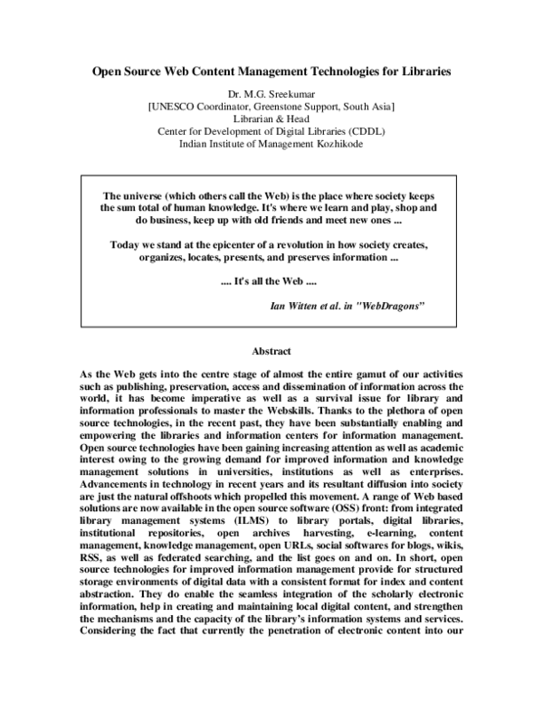 (PDF) Open Source Web Content Management Technologies for Libraries
