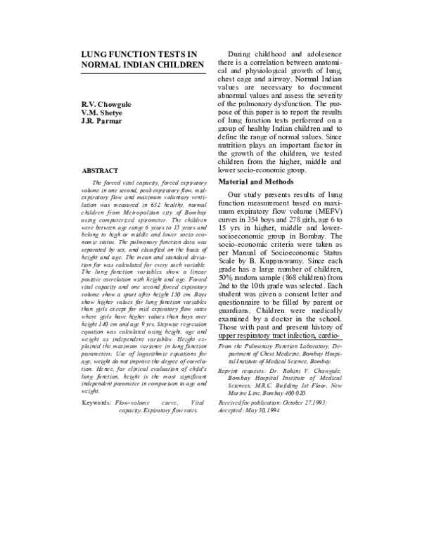 (PDF) Lung function tests in normal Indian children