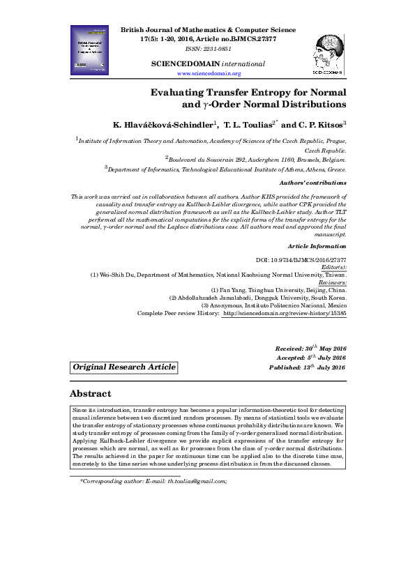 (PDF) Evaluating Transfer Entropy for Normal and γ-Order Normal ...