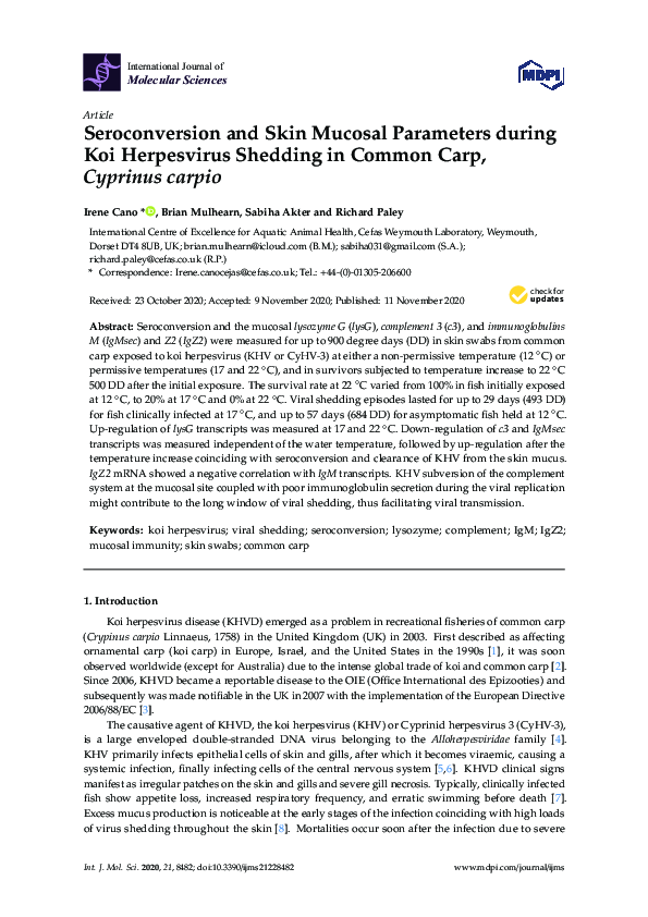 (PDF) Seroconversion and Skin Mucosal Parameters during Koi Herpesvirus ...