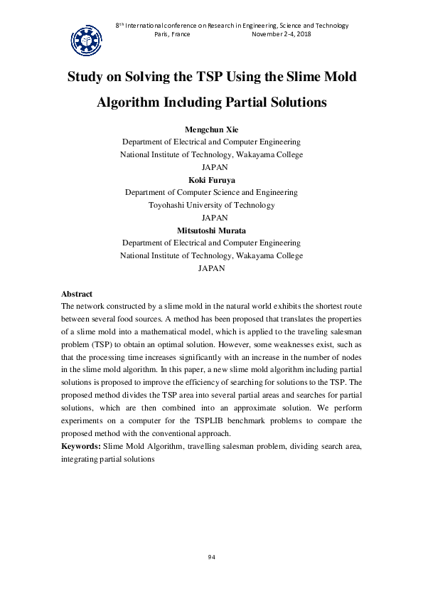 (PDF) Study on Solving the TSP Using the Slime Mold Algorithm Including ...