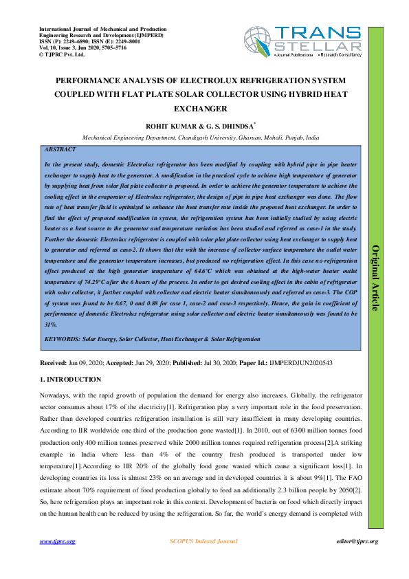 (PDF) Performance Analysis of Electrolux Refrigeration System Coupled