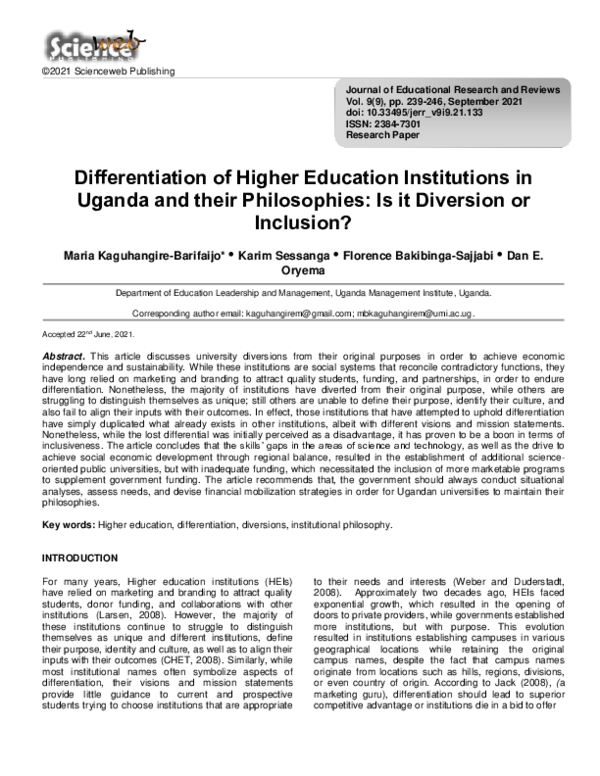 (PDF) Differentiation of Higher Education Institutions in Uganda and ...