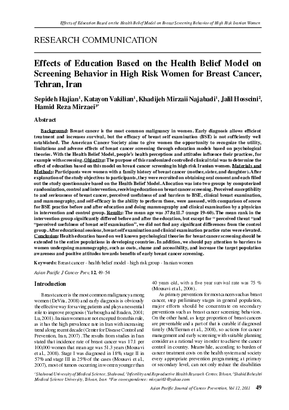 (PDF) Effects of education based on the health belief model on ...