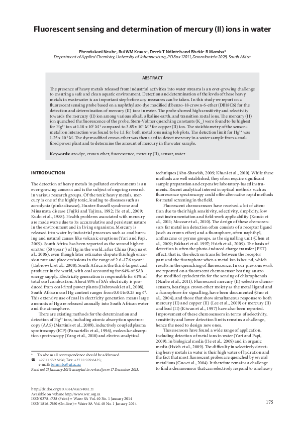 (PDF) Fluorescent sensing and determination of mercury (II) ions in water