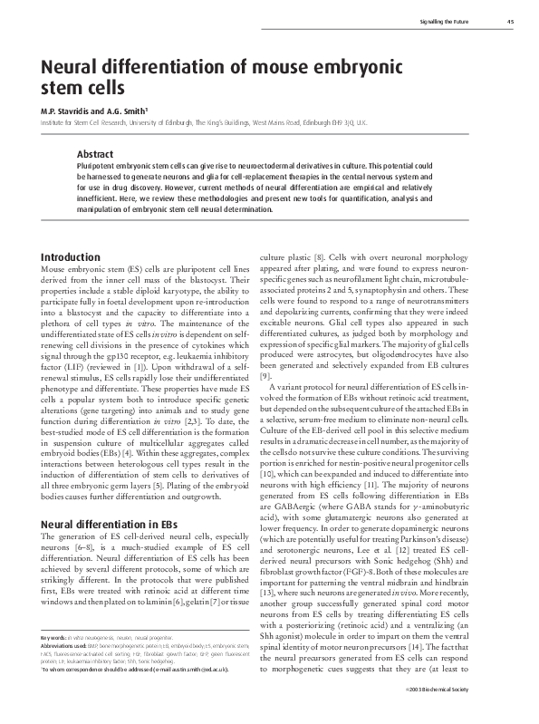 (PDF) Neural differentiation of mouse embryonic stem cells
