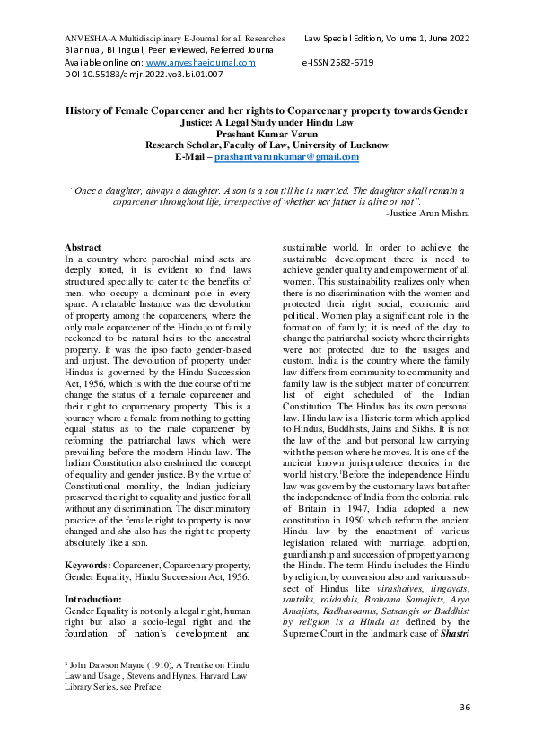 (PDF) History of Female Coparcener and her rights to Coparcenary ...
