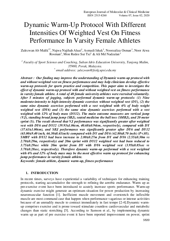 (PDF) Dynamic WarmUp Protocol With Different Intensities Of Weighted
