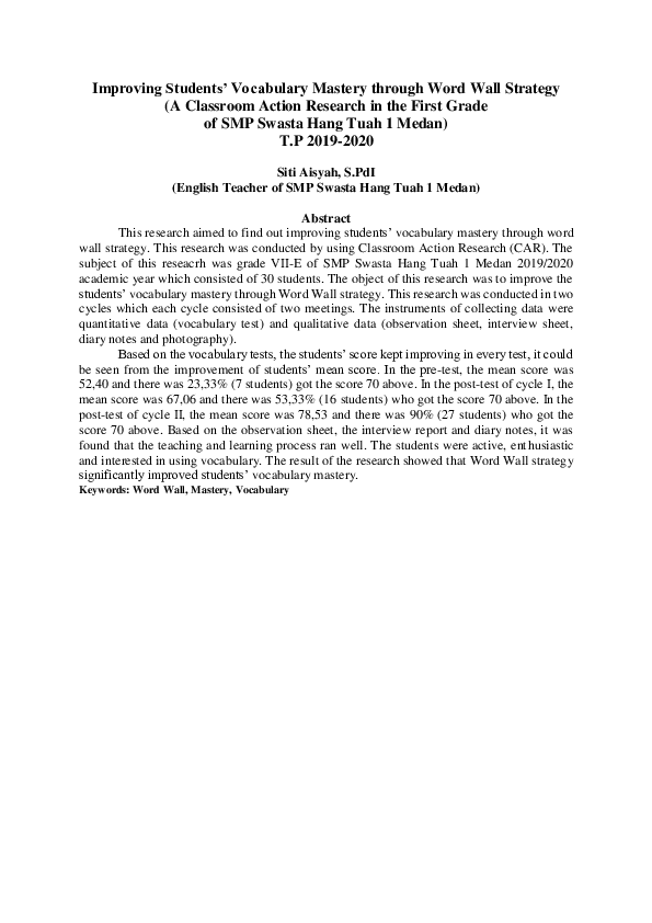 (PDF) Improving Students' Vocabulary Mastery through Word Wall Strategy ...