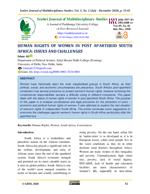 (PDF) Human Rights of Women in Post Apartheid South Africa: Issues and ...