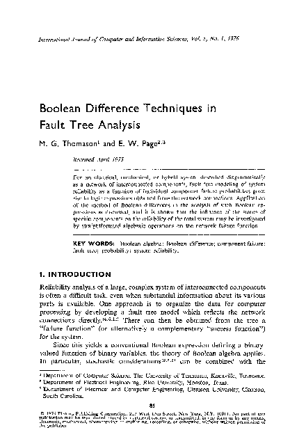 (PDF) Boolean difference techniques in fault tree analysis