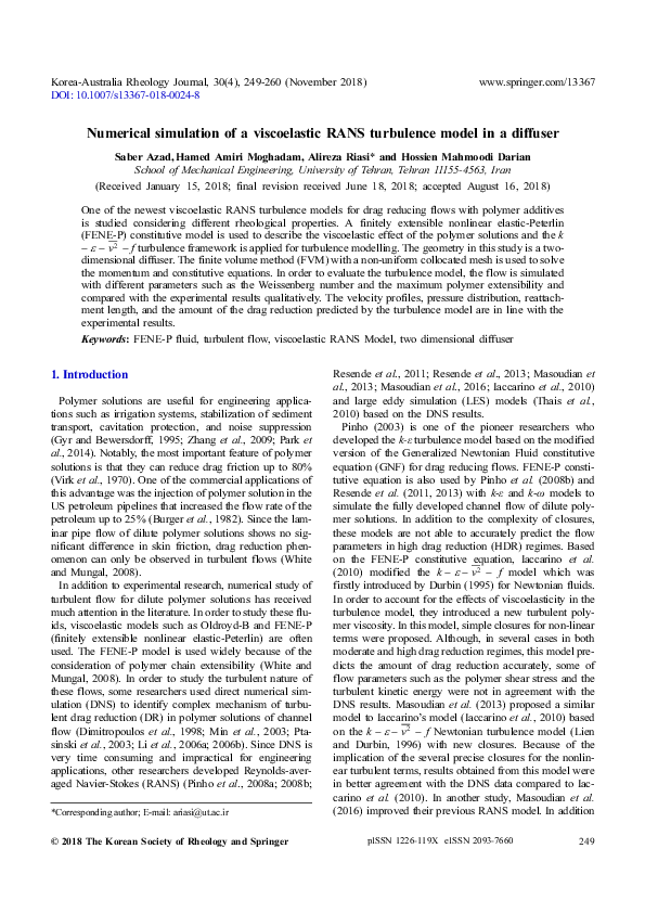 (PDF) Numerical simulation of a viscoelastic RANS turbulence model in a ...