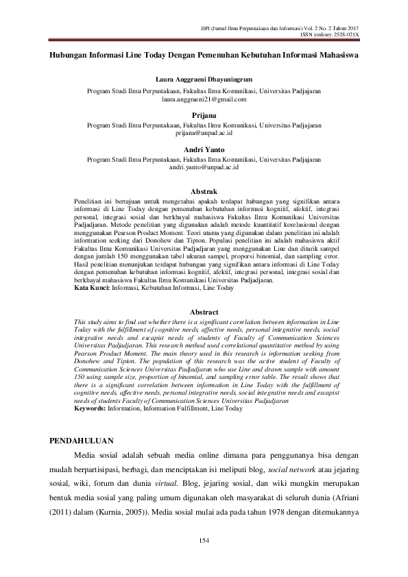 (PDF) Hubungan Informasi Line Today dengan Pemenuhan Kebutuhan ...