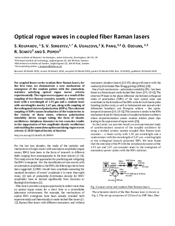 (PDF) Optical rogue waves in coupled fiber Raman lasers