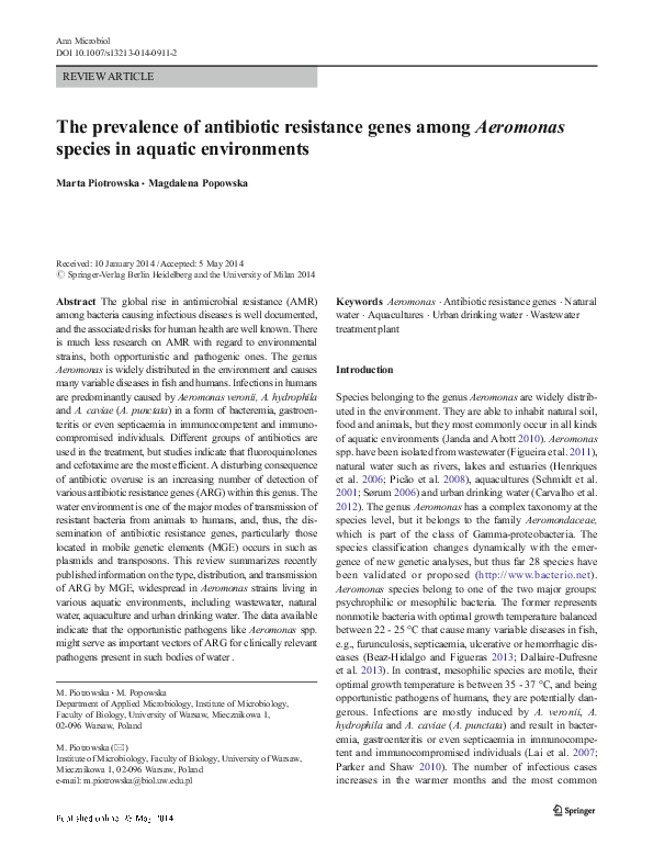 (PDF) The prevalence of antibiotic resistance genes among Aeromonas ...