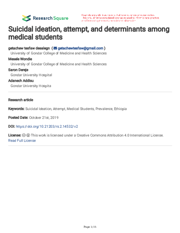 (PDF) Suicidal ideation, attempt, and determinants among medical students