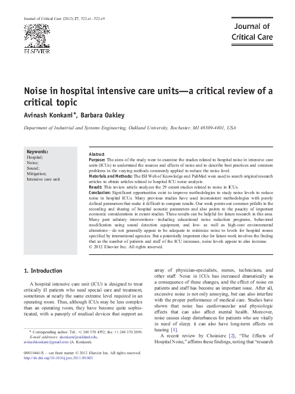 (PDF) Noise in hospital intensive care units—a critical review of a ...
