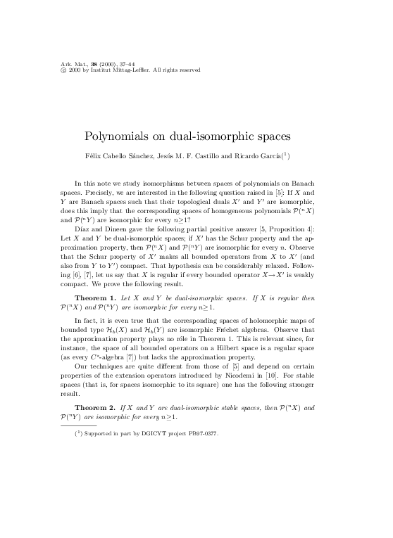 (PDF) Polynomials on dualisomorphic spaces jesus castillo Academia.edu