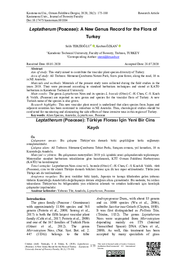 (PDF) Leptatherum (Poaceae): A New Genus Record for the Flora of Turkey