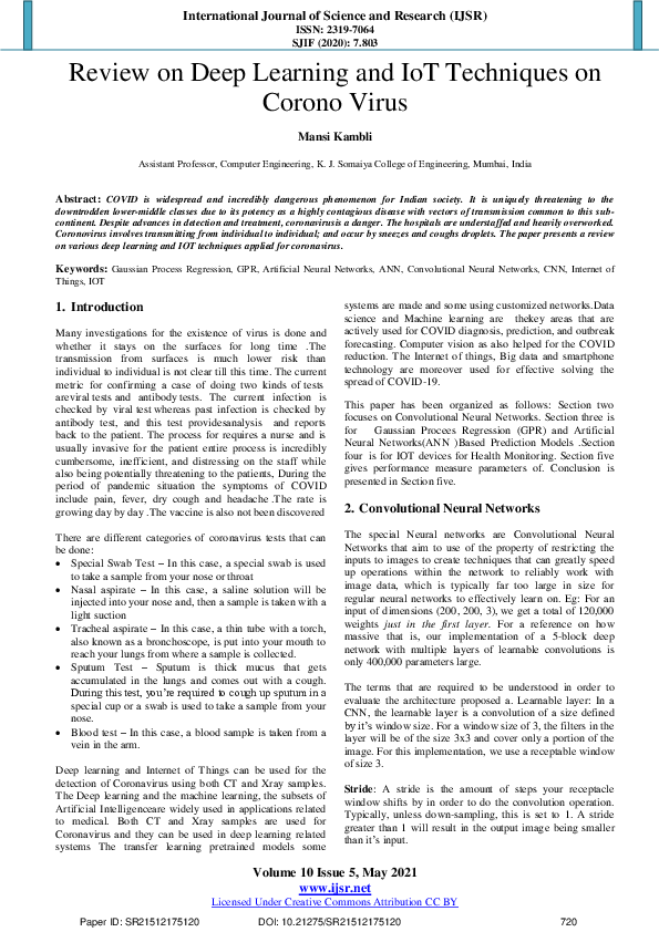 (PDF) Review on Deep Learning and IoT Techniques on Corono Virus
