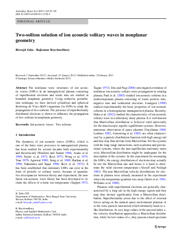 (PDF) Two-soliton solution of ion acoustic solitary waves in nonplanar ...
