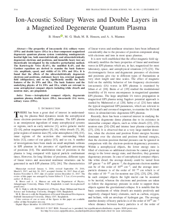 (PDF) Ion acoustic solitary waves and double layers in dense electron ...