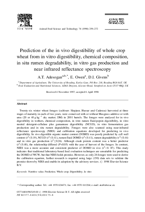 (PDF) Prediction of the in vivo digestibility of whole crop wheat from ...
