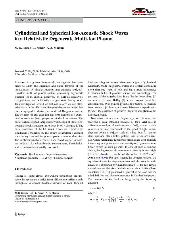 (PDF) Cylindrical and spherical ionacoustic shock waves in