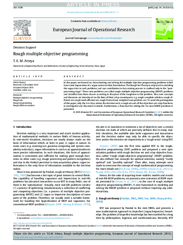 (PDF) Rough multiple objective programming