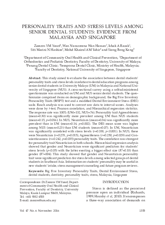 (PDF) Personality Traits and Stress Levels Among Senior Dental Students ...